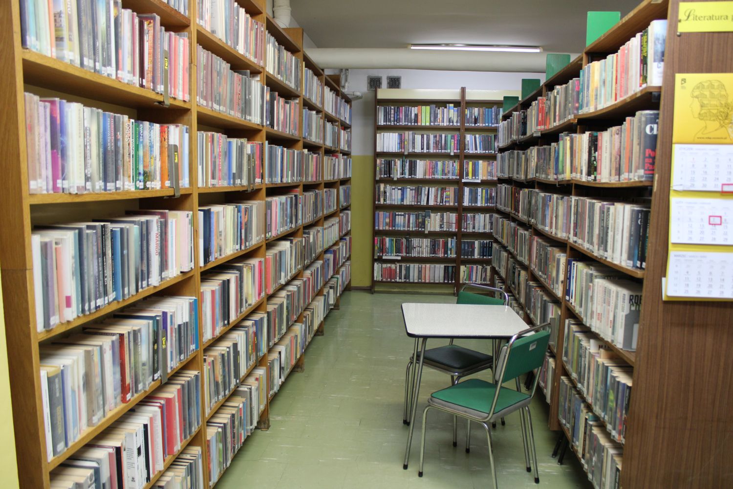 Półki biblioteczne, a pośród nich stolik i dwa krzesła