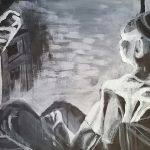Czarnobiały obraz autorstwa Karola Pabicha, przedstawiający mężczyznę wpatrującego się przed siebie