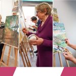 Kolaż z trzech zdjęć, na nich starsze pogodne kobiety malują farbami obrazy ustawione na sztalugach